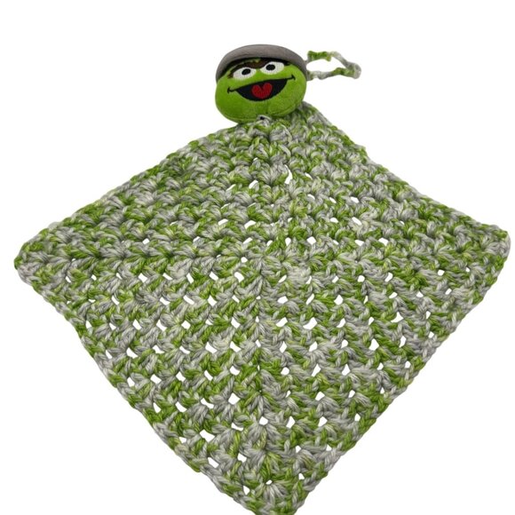 Oscar The Grouch Crochet Blanket Plush Head Green Gray Lovey Baby Item Handknit - Picture 4 of 5
